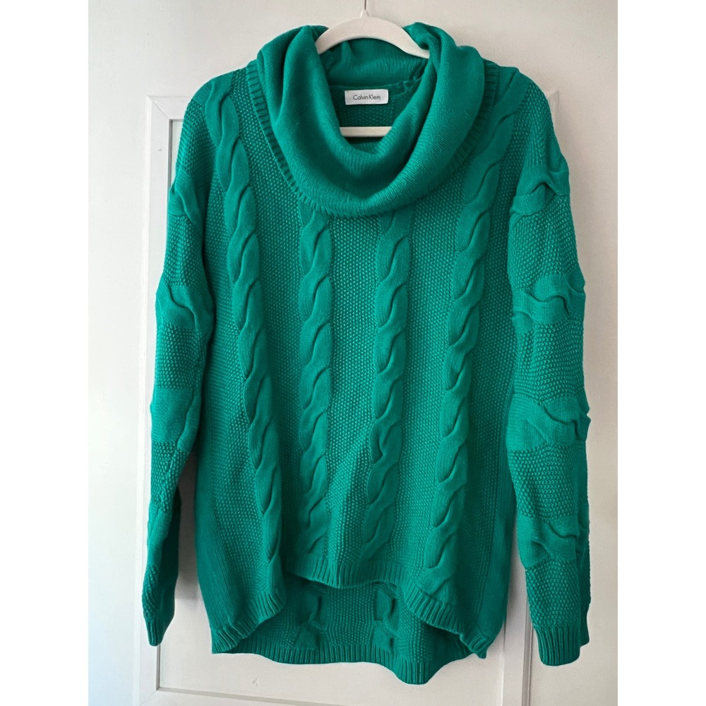 Calvin Klein Womens Cowl Neck Cable Knit Sweater Emerald Green Teal High Low Hem